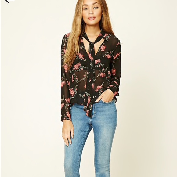 sheer floral tie neck top - Picture 4 of 4